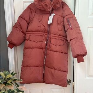 Rose Brick Quilted Puffer Jacket with Faux Fur Trim
